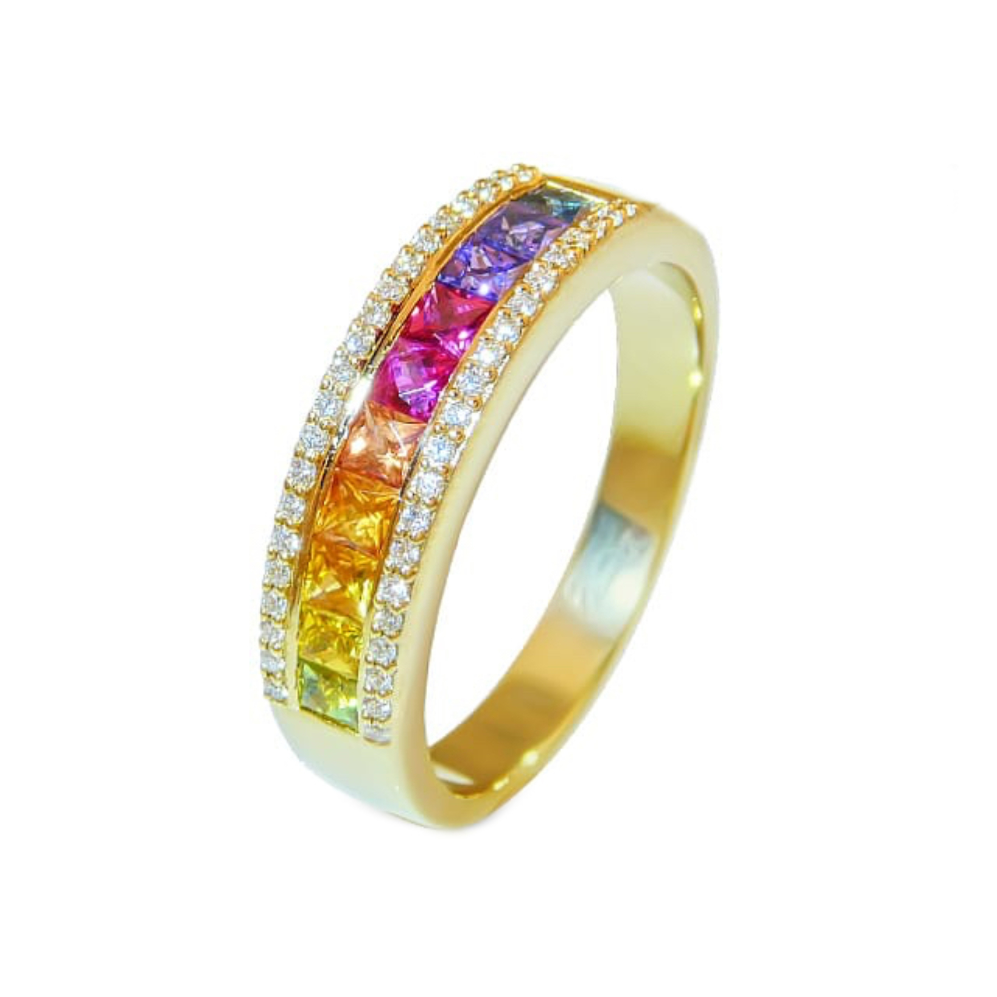 Rainbow Sapphire Half Eternity 18ct Yellow Gold Ring with Diamond Edge ...