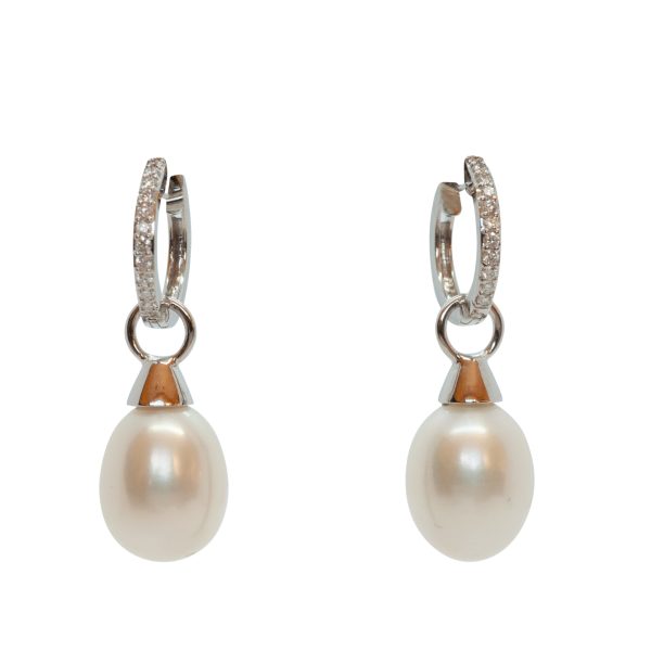 18ct White Gold 7mm Freshwater Pearl And Diamond Drop Earrings John Start Jewellery